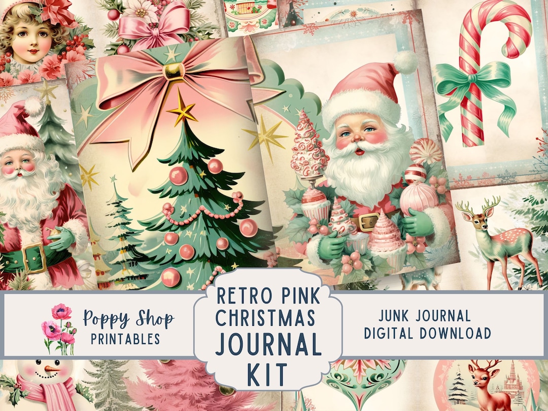 Pink Christmas Junk Journal Kit, Pink, Mint, Retro, Vintage, Christmas ...