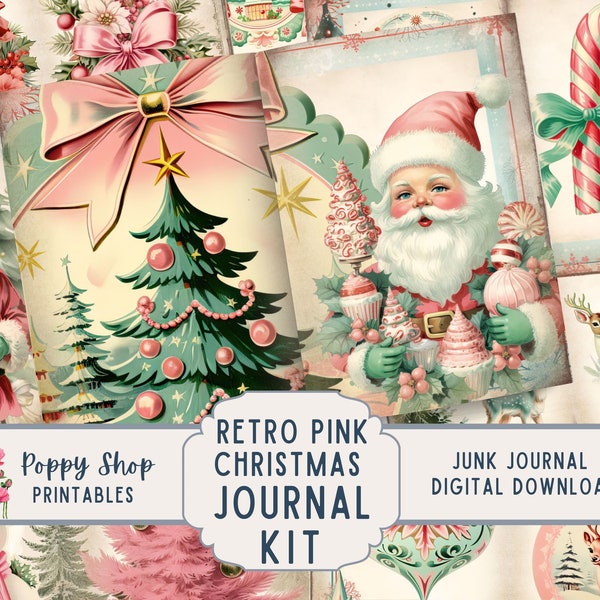 Pink Christmas Junk Journal Kit, Pink, Mint, Retro, Vintage, Christmas Junk Journal, Vintage, Printable, Ephemera, Journal Pages, Download