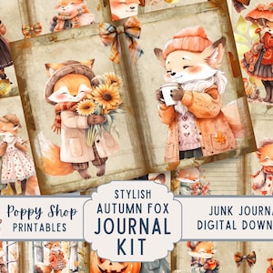 Autumn Fox Junk Journal Kit, Dressed Up Fox, Fall, Autumn, Journal Pages, Junk Journal, Retro, Fox Ephemera, Printable, Digital Download