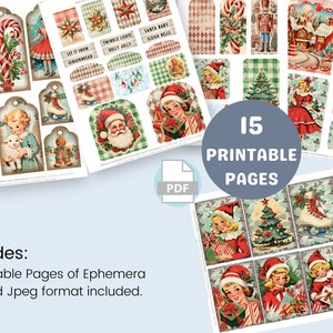 Op de afbeelding: Een verzameling van 15 afdrukbare kerst-ephemera pagina's in PDF- en JPEG-formaat. De vintage ontwerpen bevatten labels, stickers en illustraties van de kerstman, engelen en vakantiesc&egrave;nes in rood, groen en blauw.