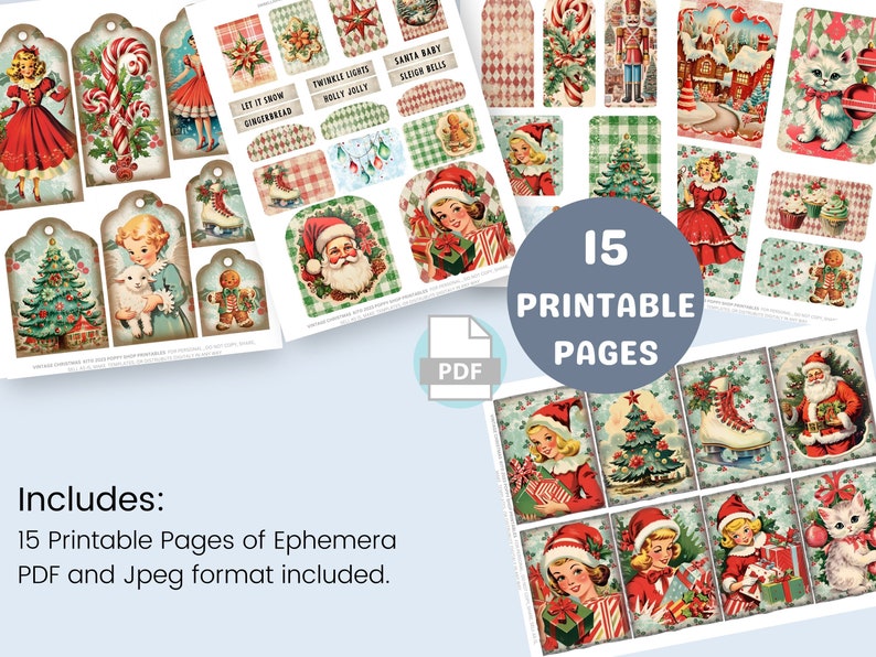 Op de afbeelding: Een verzameling van 15 afdrukbare kerst-ephemera pagina's in PDF- en JPEG-formaat. De vintage ontwerpen bevatten labels, stickers en illustraties van de kerstman, engelen en vakantiesc&egrave;nes in rood, groen en blauw.
