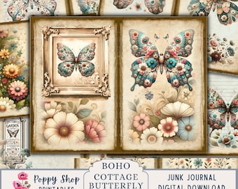 Butterfly Junk Journal, Butterfly Journal Pages, Boho, Flower, Cottagecore, Junk Journal Printable Paper, Digital Collage Sheet, Download