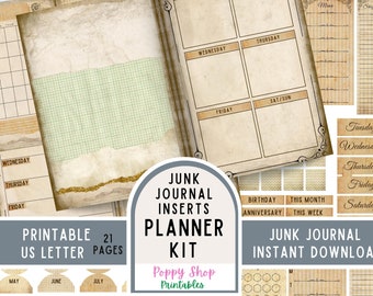 Planer Junk Journal Kit, Vintage, Neutral, Shabby, druckbar, monatlich, wöchentlich, Kalender, Planer-Seiten, Planer-Einlagen, Ephemera, Digital
