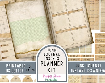 Planner Junk Journal Kit, Vintage, Neutral, Shabby, Printable, Monthly, Weekly, Calendar, Planner Pages, Planner Inserts, Ephemera, Digital