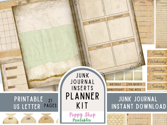 Planner Junk Journal Kit, Vintage, Neutral, Shabby, Printable, Monthly, Weekly, Calendar, Planner Pages, Planner Inserts, Ephemera, Digital