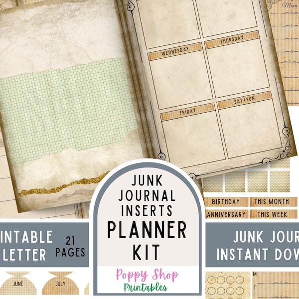 Kit diario spazzatura Planner, Vintage, Neutro, Squallido, Stampabile, Mensile, Settimanale, Calendario, Pagine di pianificazione, Inserti di pianificazione, Ephemera, Digitale