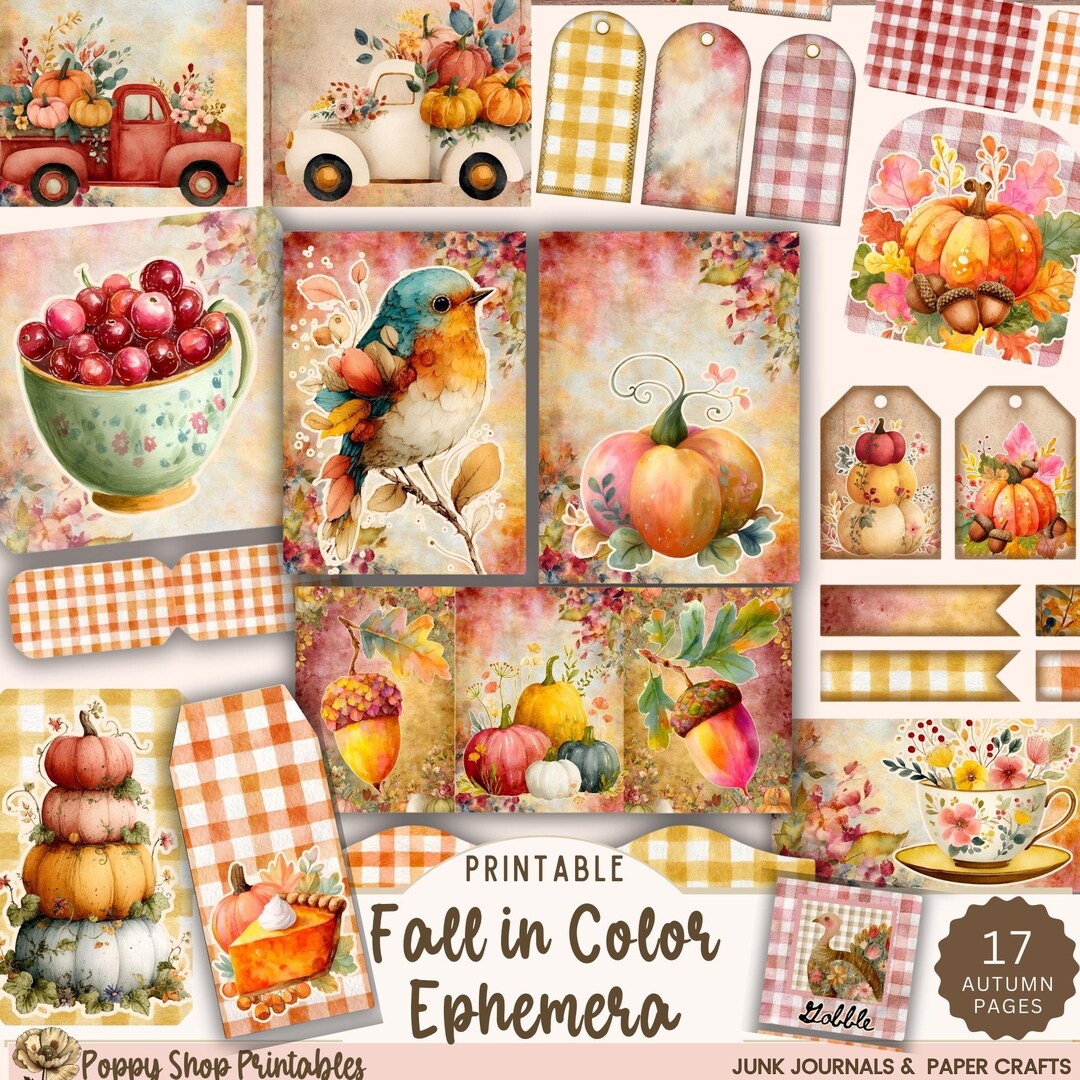 Colorful Fall Ephemera, Autumn Printable Junk Journal Kit With Pumpkins ...