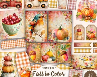 Colorful Fall Ephemera, Autumn Printable Junk Journal Kit with Pumpkins, Birds, Trucks, Cozy Tags and Cards for Thanksgiving Crafts, Digital
