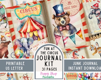 Kit de páginas y efímeras de diario de circo, carnaval vintage, papelería imprimible, álbum de recortes, descarga digital