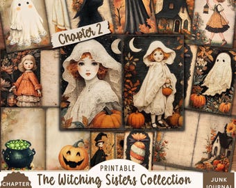 May include: A collection of printable Halloween-themed journal pages with a vintage aesthetic. The pages display illustrations of ghosts, black cats, pumpkins, and girls in white dresses. The text "Chapter 2" and "The Witching Sisters Collection Witchy Friends - Pages" are visible.