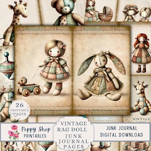 May include: A set of 26 printable vintage rag doll junk journal pages. The pages feature illustrations of rag dolls, a bunny, a giraffe, a teddy bear, and other vintage toys. The pages are perfect for adding a touch of whimsy to your junk journal.