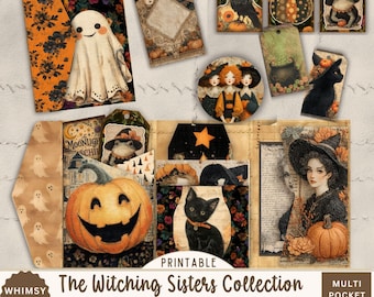 May include: A selection of printable Halloween paper crafts, including tags, a pocket folio, and decorative elements. The designs feature witches, pumpkins, black cats, and a ghost. The folio has the text "The Witching Sisters Collection Spellbinding Folio."