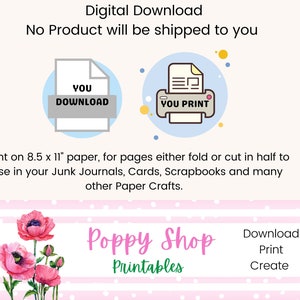 May include: Digital download of printable poppy flower designs. The image shows a pink background with white polka dots and a white frame with the text "Poppy Shop Printables". The text "Download Print Create" is also included in the image.
