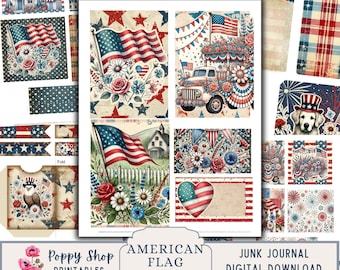 Efemere patriottische junkdagboek, vier Amerika, 4 juli, 250th Celebration Craft, Amerikaanse vlaggen, sterren en strepen