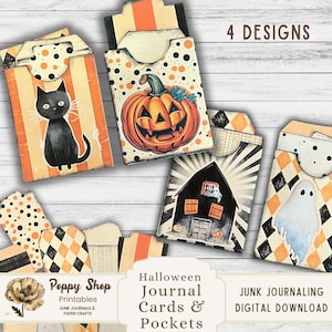 Bolsos de diário de Halloween, cartões de diário, Halloween, diário de lixo, itens efêmeros, bolsos carregados, imprimíveis, diário de lixo, etiquetas, razão