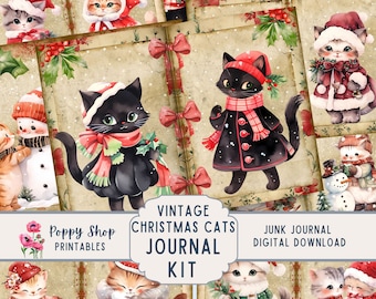 Vintage Cats Christmas Junk Journal Kit, Retro Cat, Christmas, Journal Pages, Junk Journal, Christmas Ephemera, Printable, Digital Download