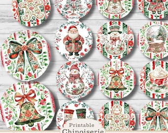 Red and Green Chinoiserie Christmas 2.5" Circle Printable Tags and Labels, Junk Journal Ephemera