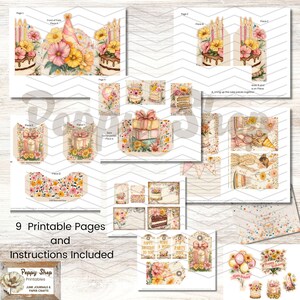 May include: Nine printable pages of birthday party decorations featuring a pink and yellow color scheme with floral designs, cakes, presents, and balloons. The printable pages include instructions for assembling the decorations.