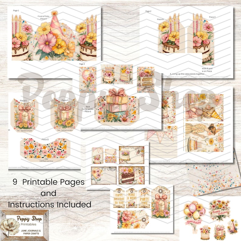 May include: Nine printable pages of birthday party decorations featuring a pink and yellow color scheme with floral designs, cakes, presents, and balloons. The printable pages include instructions for assembling the decorations.
