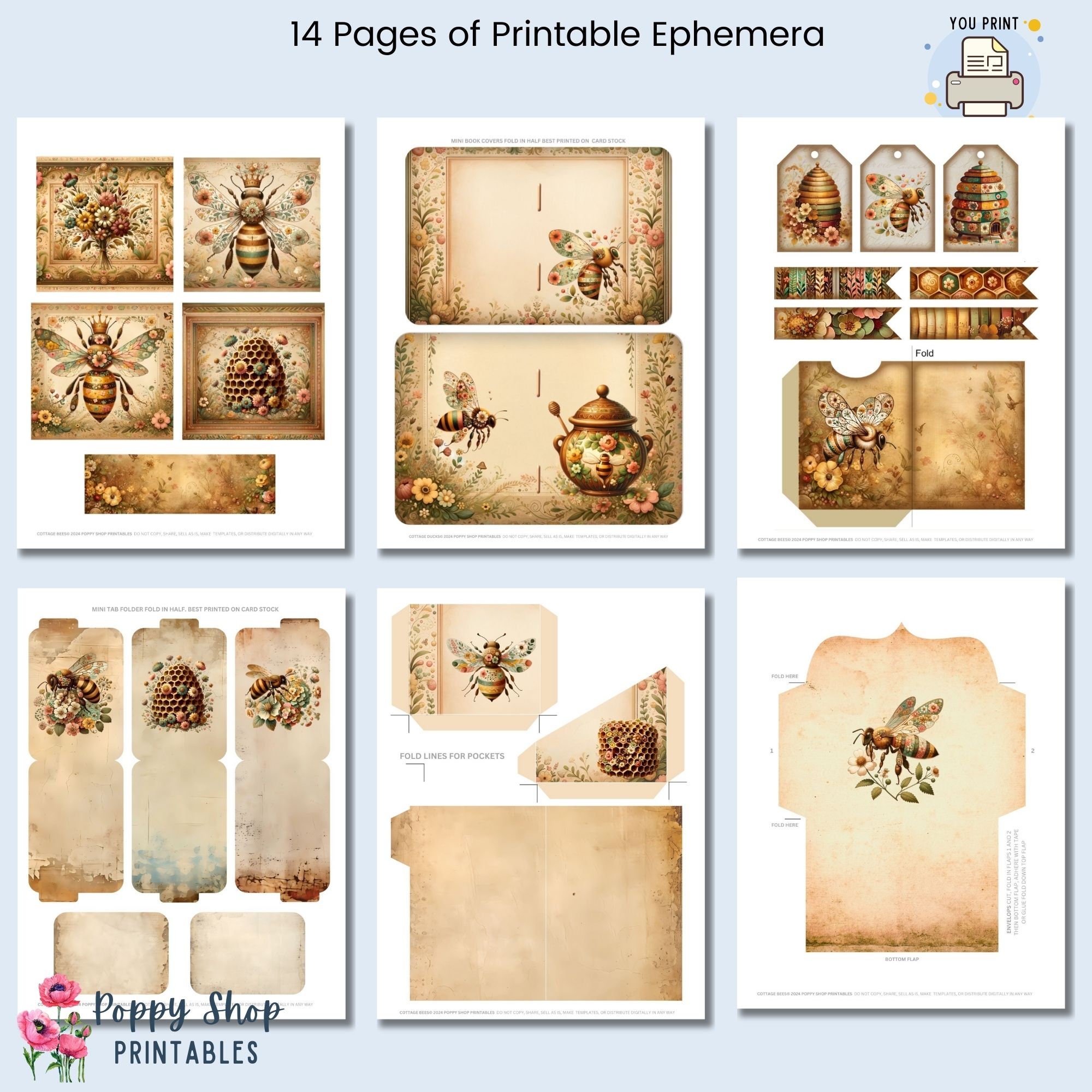 【masamislipslikesuger様】リクエスト 4点 まとめ商品 Bee Ephemera, Vintage Bee, Bee Junk Journal, Kit, Flowers