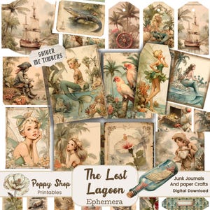 Éphémères sirènes et pirates, éphémères de fées, images vintage de livres de contes, île au trésor, journal indésirable, éphémères imprimables, impressions nautiques