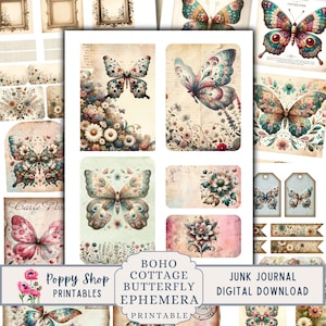 Butterly Ephemera, Vintage Butterfly, Boho, Junk Journal Ephemera, Junk Journal Kit, Álbum de recortes, Floral, Folha de colagem, Para impressão, Baixar
