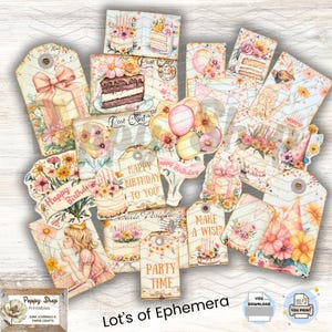 May include: A set of printable digital papers featuring a birthday theme with floral designs, balloons, and the words "Happy Birthday" and "Party Time".