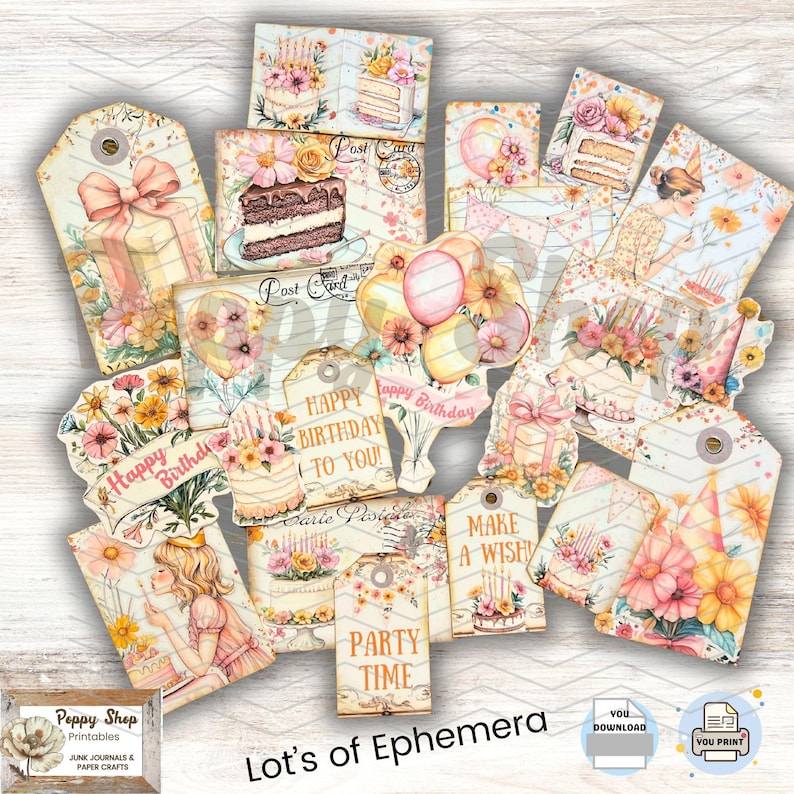 May include: A set of printable digital papers featuring a birthday theme with floral designs, balloons, and the words "Happy Birthday" and "Party Time".