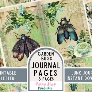 Junk Journal-sidor, trädgårdsbaggar, vintage skräpjournal, shabby chic, skräpjournalpapper, utskrivbart papperspyssel, collageark, digital nedladdning