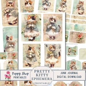 Cottage Cats Ephemera, gatinho, Junk Journal Ephemera, Junk Journal Kit, álbum de recortes, country, surrado, folha de colagem, para impressão, para baixar