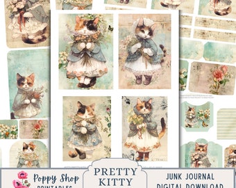 Cottage Cats Ephemera, gatinho, Junk Journal Ephemera, Junk Journal Kit, álbum de recortes, country, surrado, folha de colagem, para impressão, para baixar