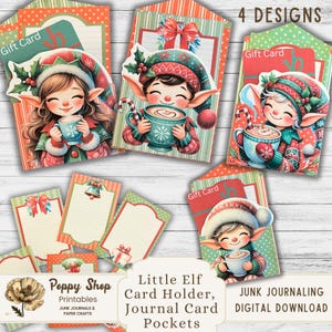 Porte-cartes cadeau de Noël, Pochettes pour carnet de Noël, Cartes de visite, elfe, Journal de la camelote, Éphémère, Pochettes chargées, Imprimable, Carte à faire soi-même