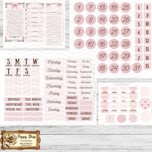 May include: Pink and white printable planner stickers with a floral design. The stickers include a calendar, days of the week, and other organizational elements. The stickers are perfect for adding a touch of whimsy to your planner.