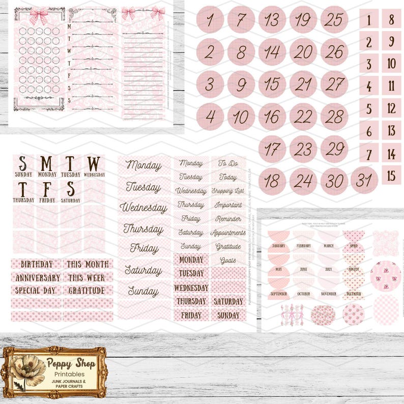 May include: Pink and white printable planner stickers with a floral design. The stickers include a calendar, days of the week, and other organizational elements. The stickers are perfect for adding a touch of whimsy to your planner.