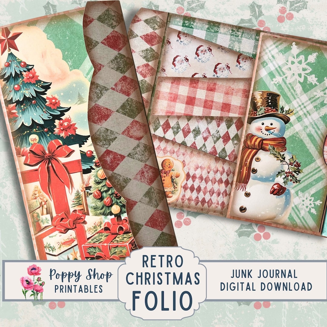 Retro Christmas Junk Journal Printable Folio, Folding Pocket Folder ...