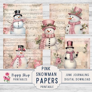 Pink Snowman Paper, Junk Journal, Snowman Paper, Pink Winter Background, Printable, 8.5x11, Snow background, Cute, Collage. Digital Download