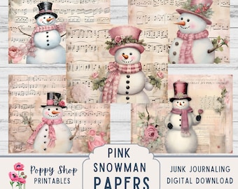 Pink Snowman Paper, Junk Journal, Snowman Paper, Pink Winter Background, Printable, 8.5x11, Snow background, Cute, Collage. Digital Download