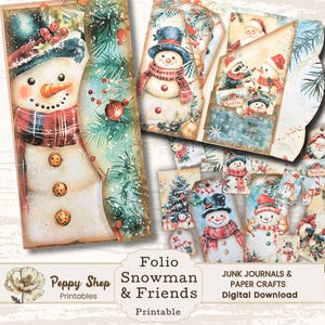 Pasta de boneco de neve, pasta de Natal, pasta de inverno, diário de lixo, bolsos, para impressão, inverno, pasta de bolso dobrável, artesanato em papel, itens efêmeros, cartão