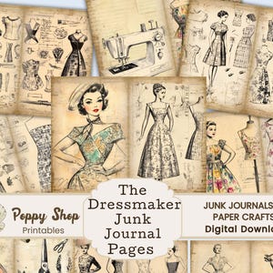 Vintage Sewing Junk Journal, Schneiderin, Printable Journal Seite, Damenmode, Kleid, Nähjournal, Printables, Decoupage, Sammelalbum
