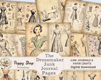 Vintage Sewing Junk Journal, Dressmaker, Printable Journal Page, Women's Fashion, Dress, Sewing journal, Printables, Decoupage, Scrapbook