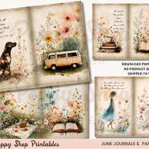 May include: Watercolor illustrations of junk journal pages with floral and nature themes. Images include a dog, a vintage van, books, and figures in a garden. Text includes Bible verses and inspirational quotes. The words "Poppy Shop Printables" are also visible.