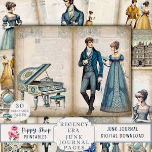 Kit diario spazzatura dell'era Regency, Jane Austen, diario spazzatura stampabile, moda Regency, pagine di diario, foglio di collage, romanticismo, reggenza, effimera