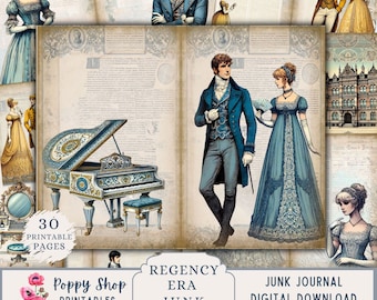 Kit di pagine di diario spazzatura dell'era Regency, Jane Austen stampabile, carte di moda e romanticismo Regency