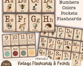 アルファベットA～Zのフラッシュカード、印刷可能なヴィンテージABCカード、新学期用の数字、色、文字、学校のエフェメラ、ホームスクール、ジャンクジャーナル
