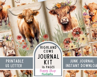 Highland Cow, Junk Journal Kit, Vintage, Journal Pages, Junk Journal, Cow, Farm, Cute, Highland Cow Ephemera, Printable, Scrapbook, Download