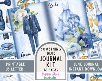 Puede incluir: Un kit de diario imprimible con 16 páginas con un diseño de acuarela azul y blanco. El kit incluye imágenes de una novia y un novio, un coche de bodas, una pajarita y copas de champán. El texto "Something Blue Journal Kit" está impreso en la portada.