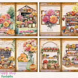 May include: A collage of watercolor illustrations featuring autumn floral arrangements and pumpkins. The images showcase various displays of flowers in crates, vases, and on shelves, with the word "BLOOM" in one image. The Poppy Shop Printables logo is visible.