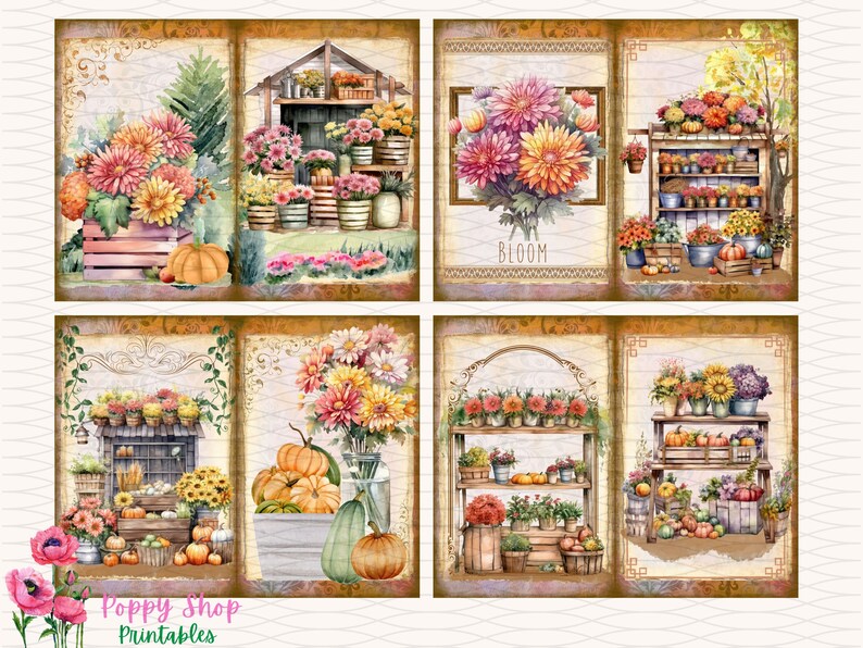 May include: A collage of watercolor illustrations featuring autumn floral arrangements and pumpkins. The images showcase various displays of flowers in crates, vases, and on shelves, with the word "BLOOM" in one image. The Poppy Shop Printables logo is visible.