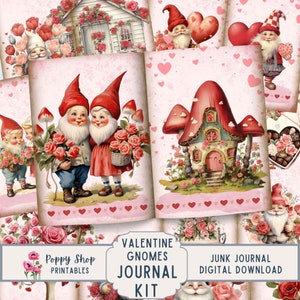 Valentine Junk Journal Kit, Valentine Gnomes Junk Journal, Vintage, Whimsical, Valentines Day, Printable, Journal Pages, Digital Download