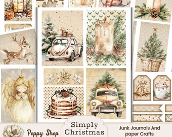 May include: Digital printable Christmas ephemera with images of a vintage car, a deer, a candle, a cake, an angel, and a snowman. The images are in a watercolor style and have a vintage feel. The text "Simply Christmas Ephemera" is at the bottom of the image.